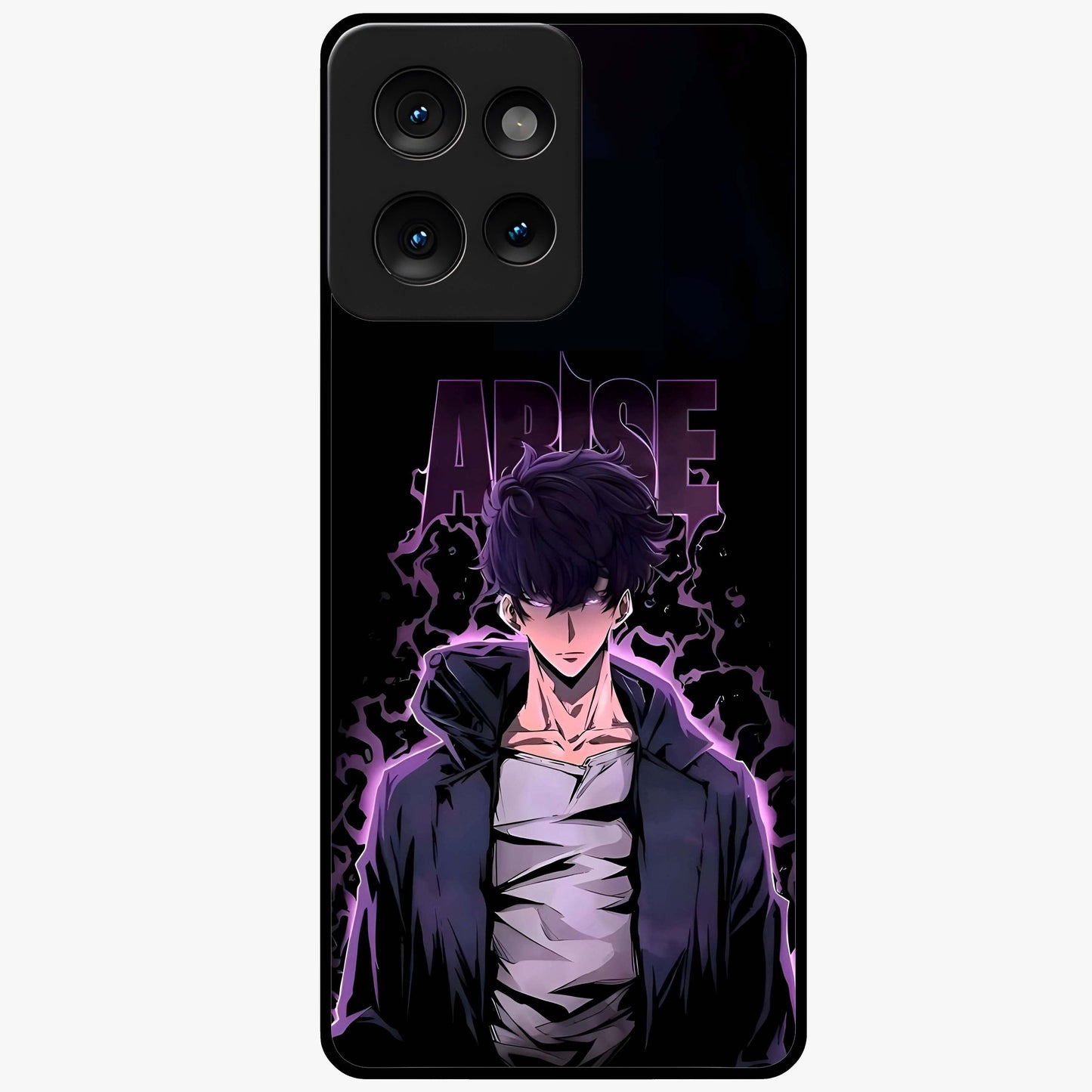 Shadow Monarch Awakening Glass Case showing flat back view with powerful dark monarch themed artwork and glossy glass finish.