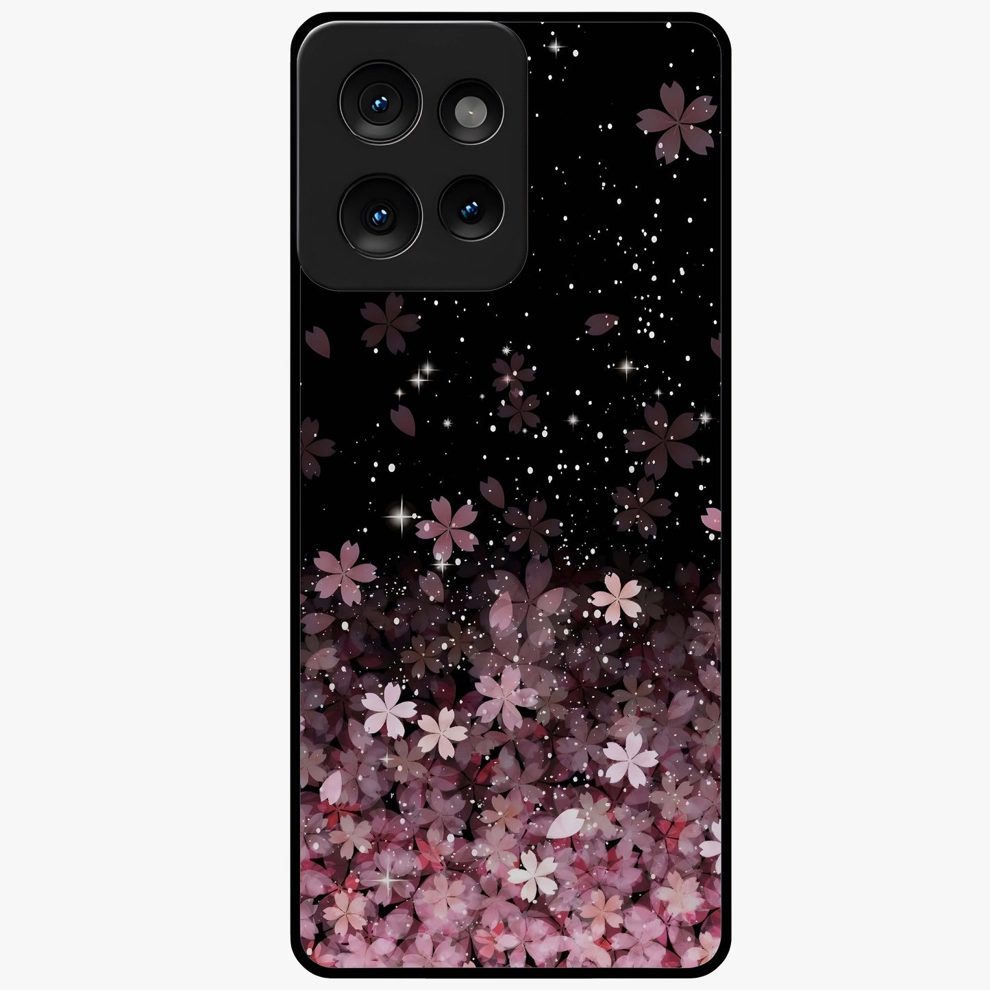 Small Starry Flowers Glass Case showing flat back view with delicate starry floral artwork and glossy glass finish.