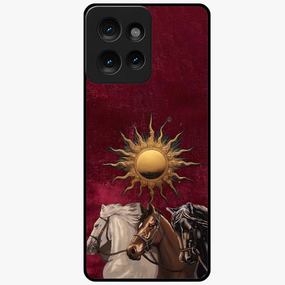 Solar Riders Glass Case showing flat back view with dynamic rider themed artwork and glossy glass finish.