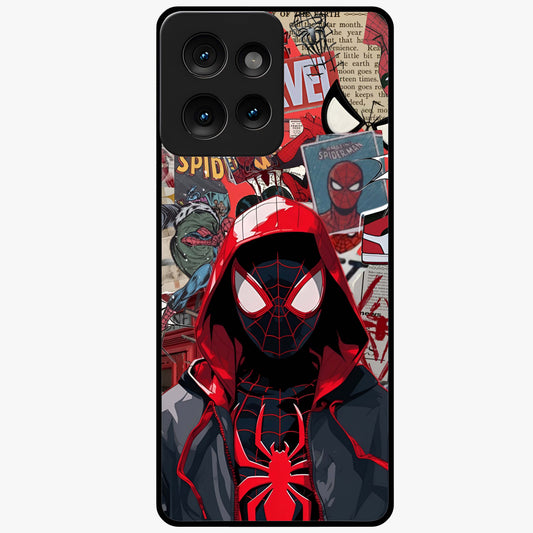 Spider Collage Street Glass Case showing flat back view with vibrant superhero collage artwork and glossy glass finish.