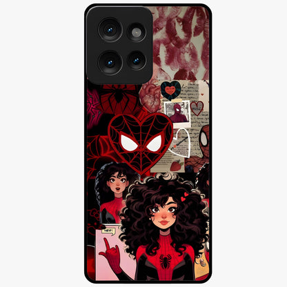Spider Love Story Glass Case showing flat back view with romantic superhero themed artwork and glossy glass finish.
