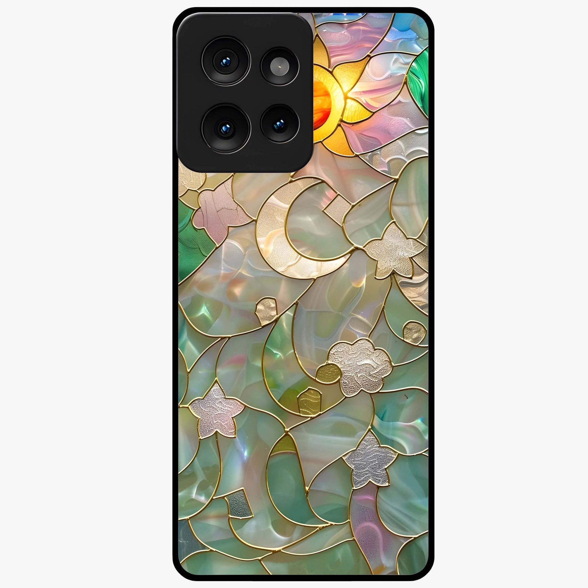 Stained Sunrise Glow Glass Case showing flat back view with glowing sunrise stained pattern artwork and glossy glass finish.
