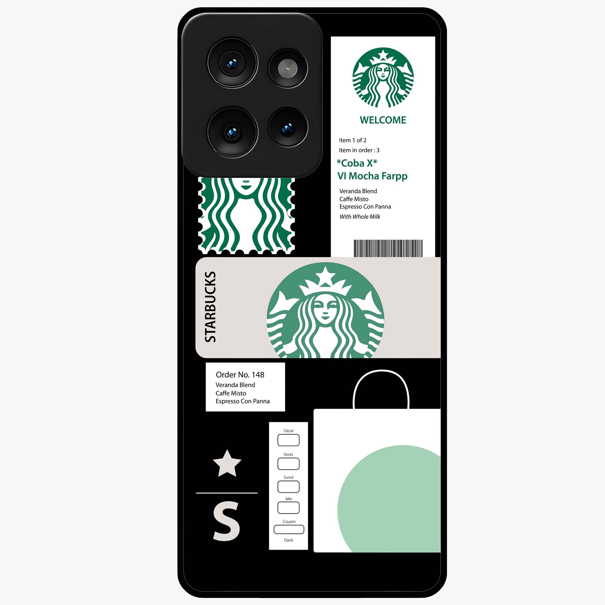 Starbucks Mocha Glass Case showing flat back view with coffee inspired artwork and glossy glass finish.