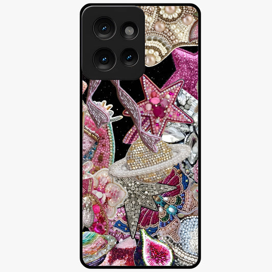 Starlit Jewel Dream Glass Case showing flat back view with sparkling jewel and star themed artwork and glossy glass finish.