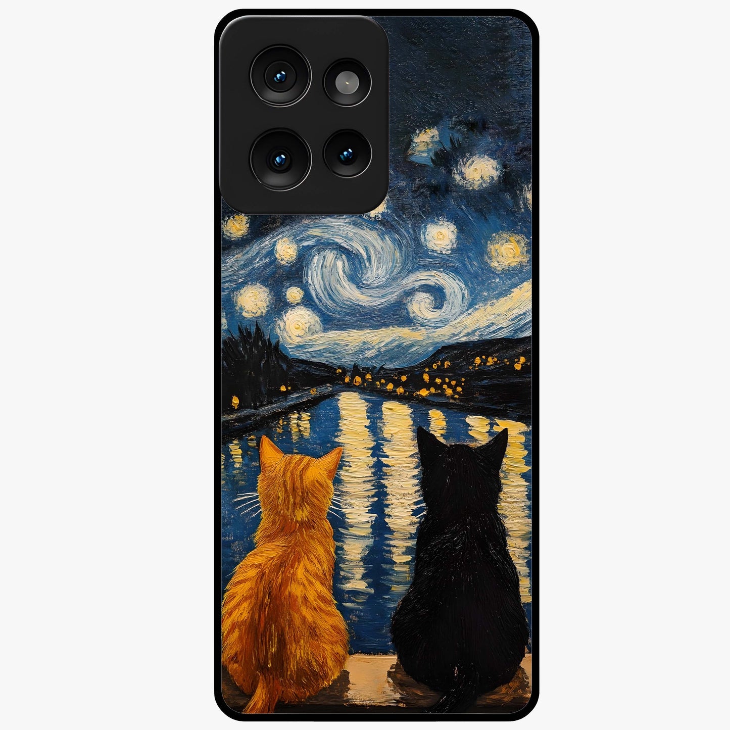 Starry River Cats Glass Case showing flat back view with cats by a starry river artwork and glossy glass finish.