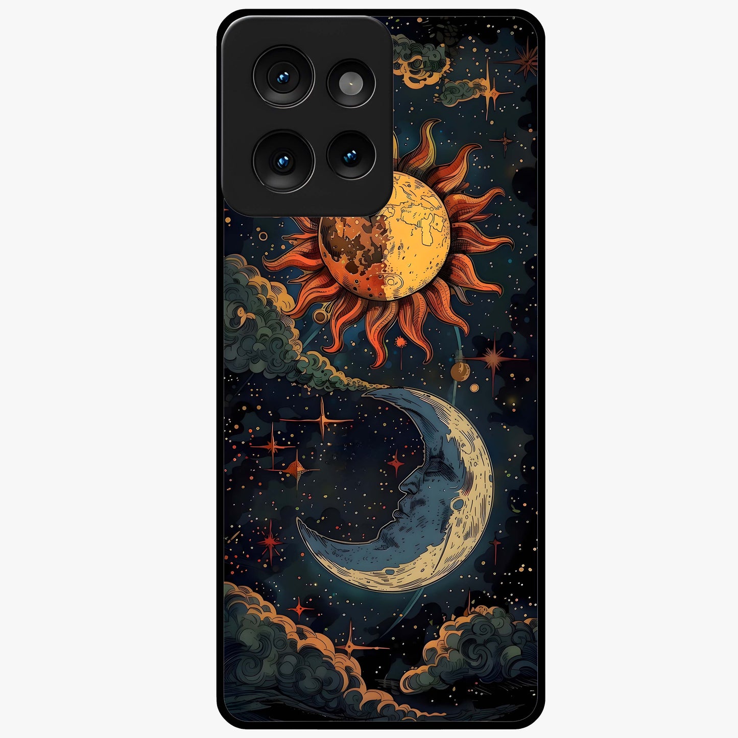 Sun And Moon Magic Design Glass Case showing flat back view with mystical sun and moon artwork and glossy glass finish.