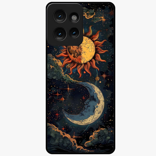 Sun And Moon Magic Design Glass Case showing flat back view with mystical sun and moon artwork and glossy glass finish.
