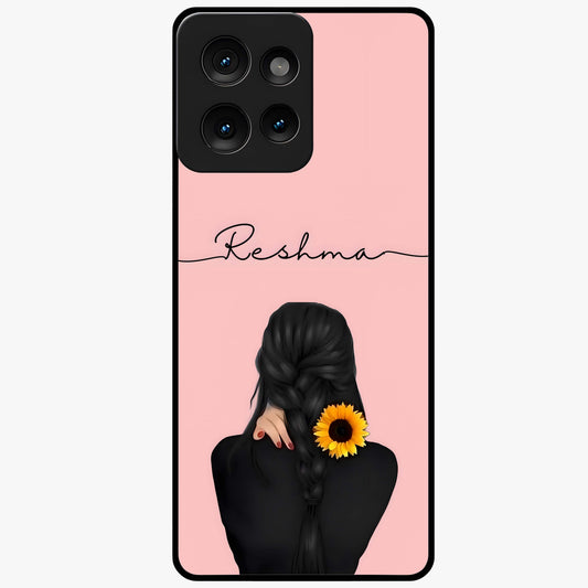 Sunflower Braid Beauty With Custom Name Glass Case showing flat back view with sunflower braid artwork and personalized name design.