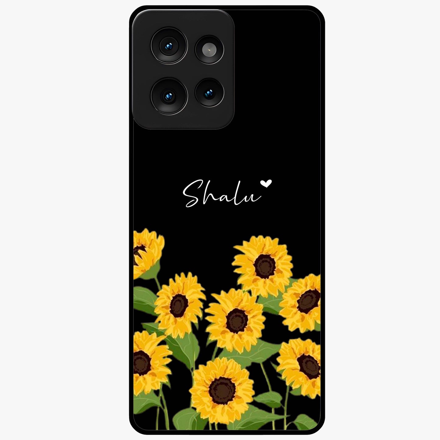 Sunflower Chic Mood Custom Name Glass Case showing flat back view with stylish sunflower artwork and personalized name design.