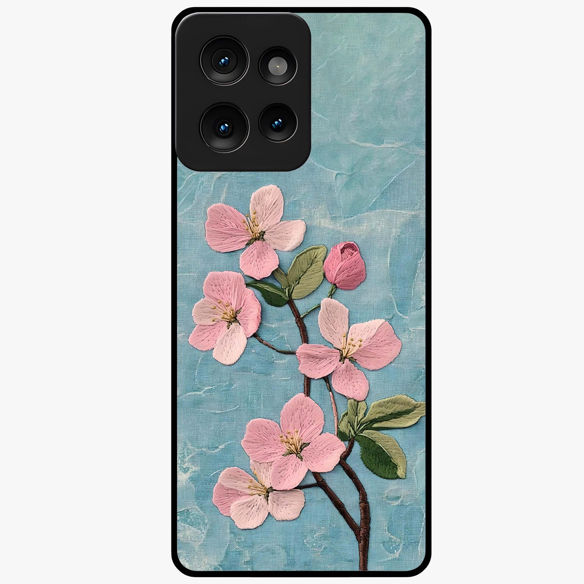Threaded Blossom Breeze Glass Case showing flat back view with delicate blossom artwork and glossy glass finish.