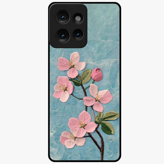 Threaded Blossom Breeze Glass Case showing flat back view with delicate blossom artwork and glossy glass finish.