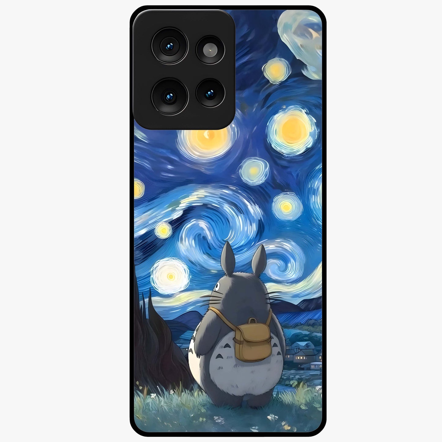 Totoro In Van Gogh Art Glass Case showing flat back view with whimsical character artwork inspired by Van Gogh style and glossy glass finish.