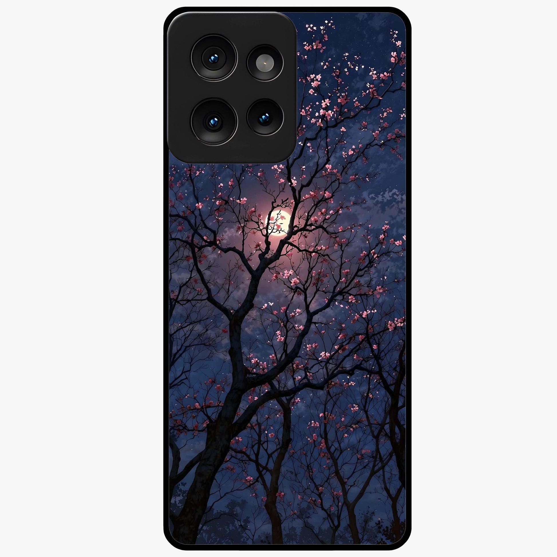 Twilight Sakura Serenade Glass Case showing flat back view with cherry blossom artwork at twilight and glossy glass finish.