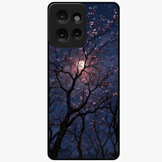 Twilight Sakura Serenade Glass Case showing flat back view with cherry blossom artwork at twilight and glossy glass finish.