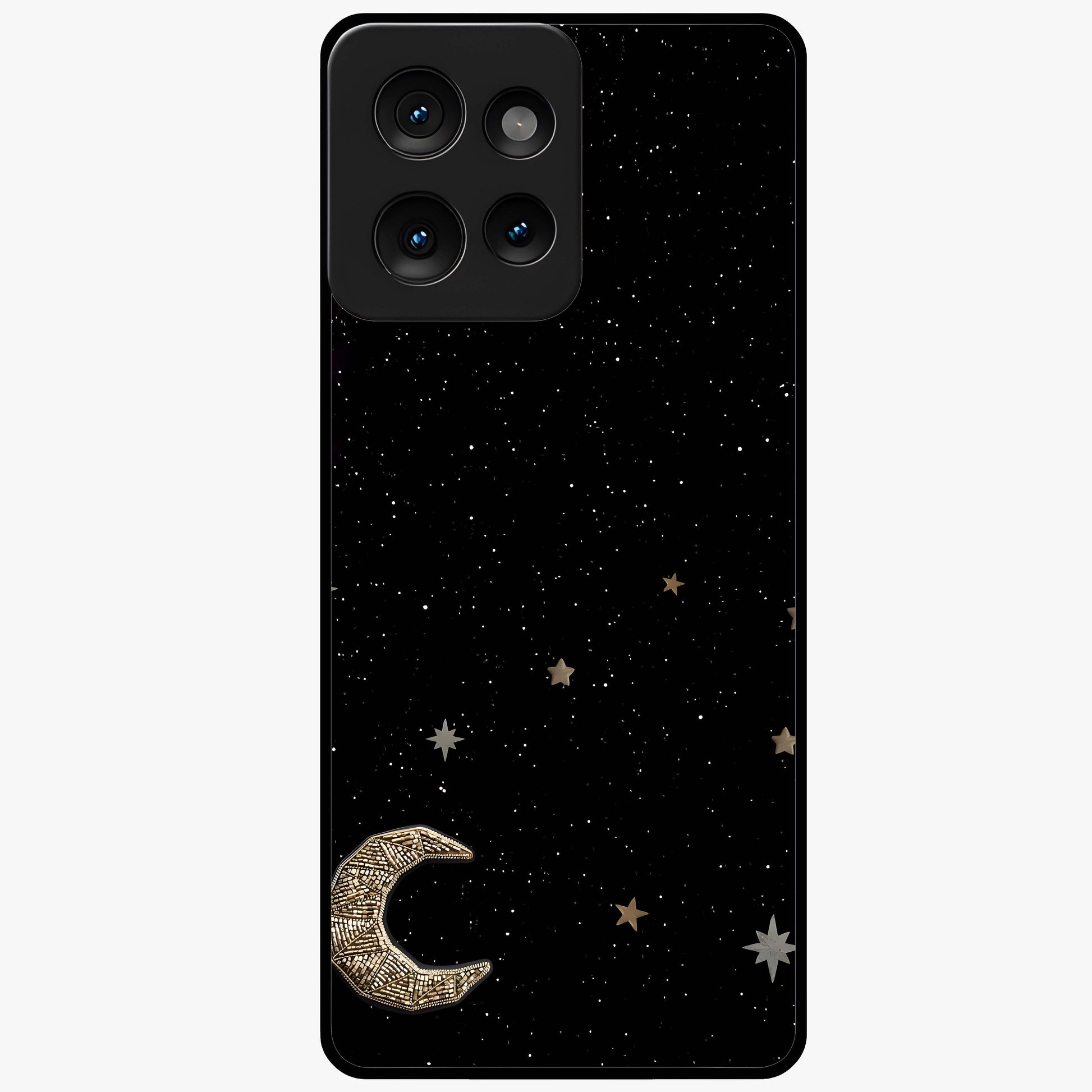 Twinkle Star With Half Moon Glass Case showing flat back view with star and half moon artwork and glossy glass finish.
