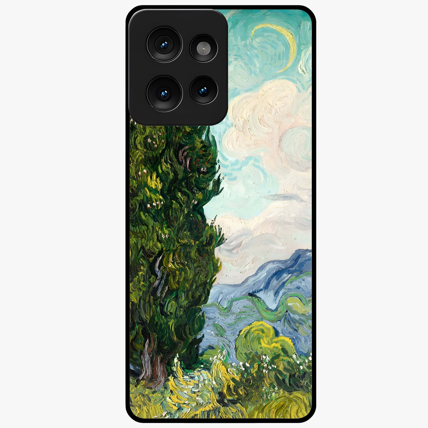 Van Gogh Vintage Art Glass Case showing flat back view with vintage painterly artwork inspired by Van Gogh style and glossy glass finish.