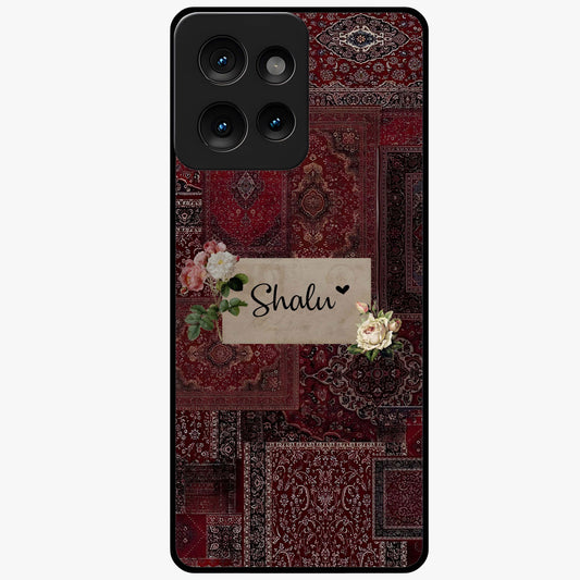 Velvet Wine Pattern Custom Name Glass Case showing flat back view with elegant wine colored pattern artwork and personalized name design.