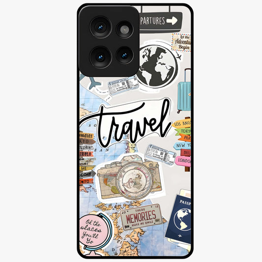 Wanderlust Journal Glass Case showing flat back view with travel inspired artwork and glossy glass finish.