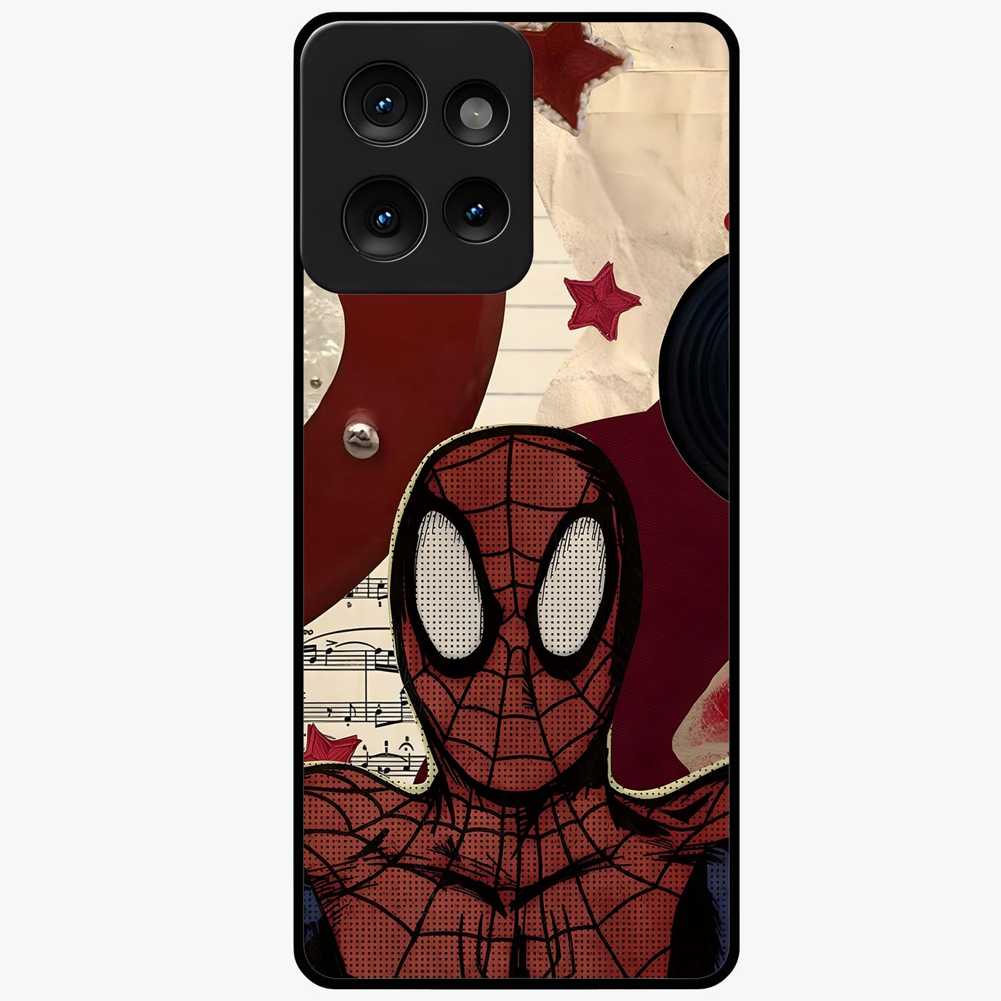 Web Warrior Vibes Glass Case showing flat back view with superhero inspired web themed artwork and glossy glass finish.