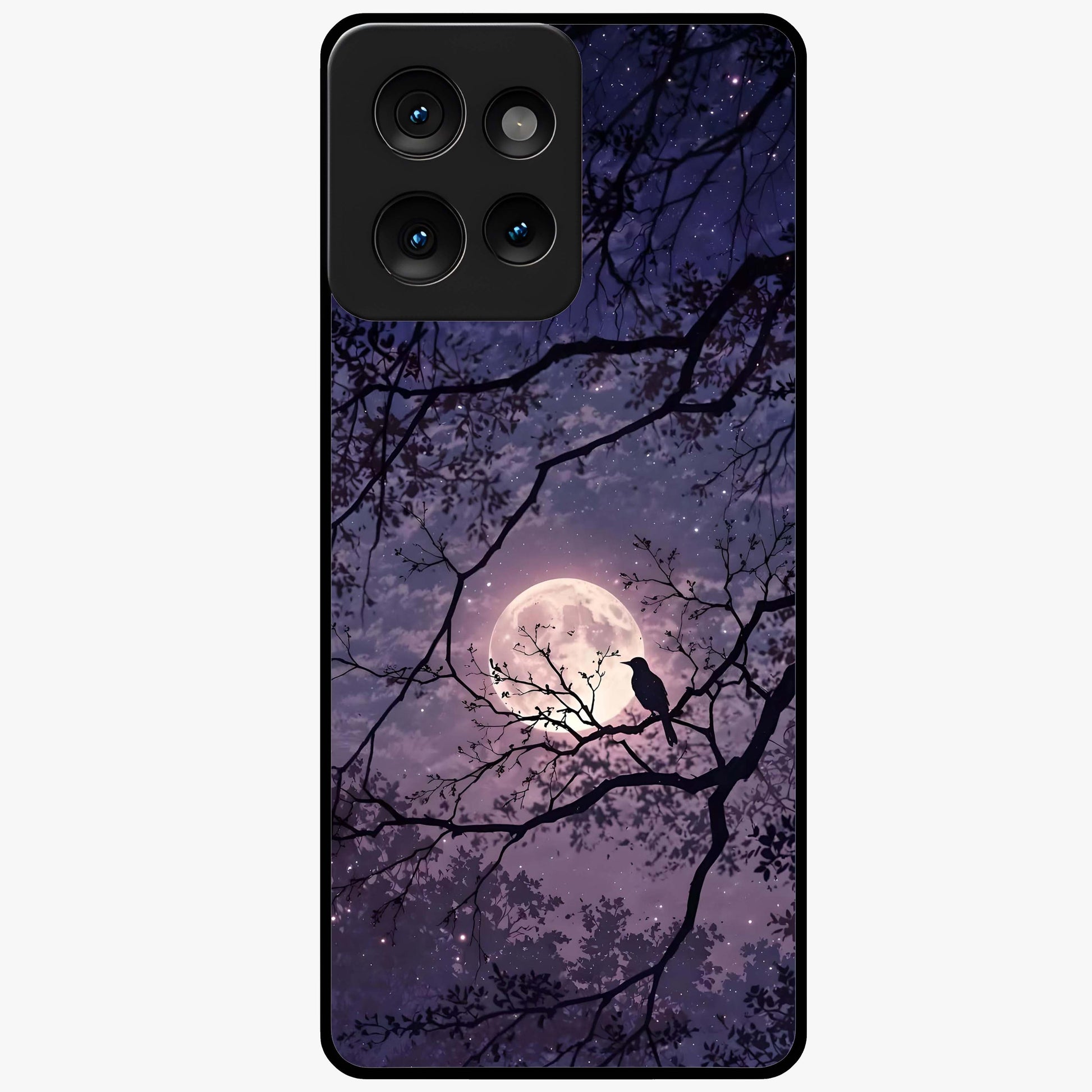 Whispering Moon Silence Glass Case showing flat back view with serene moon themed artwork and glossy glass finish.