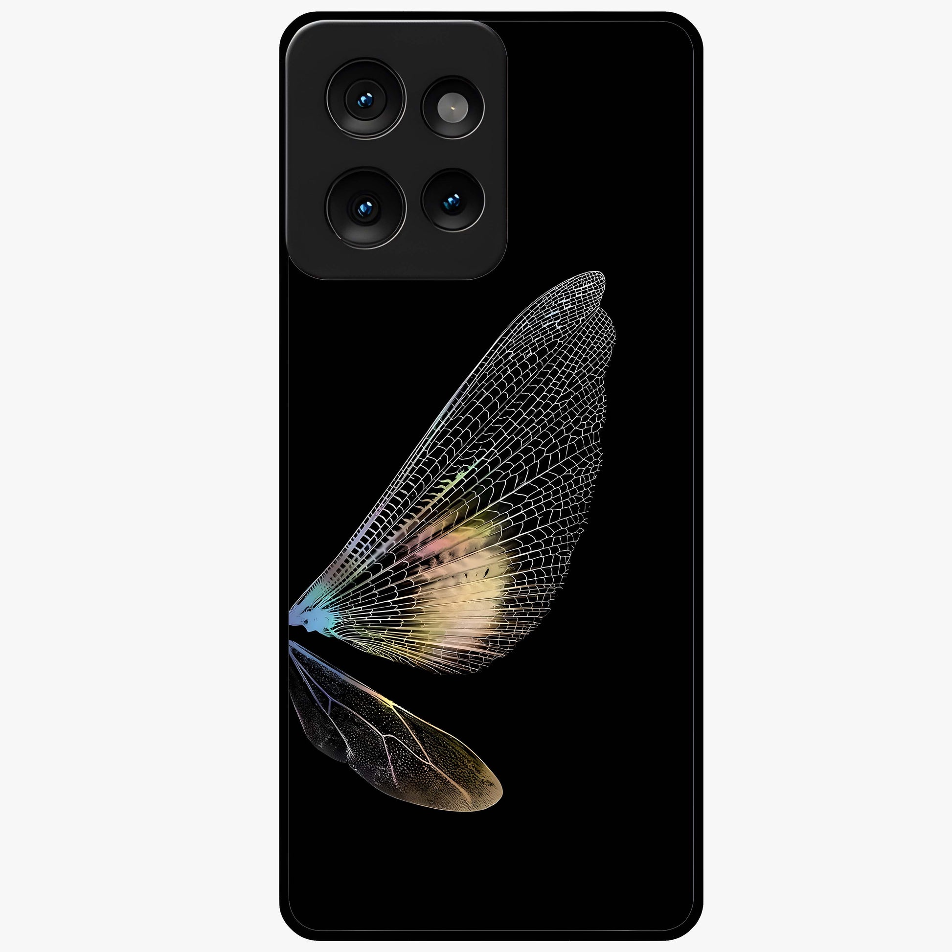 Whispers Of Wings Glass Case showing flat back view with graceful wing inspired artwork and glossy glass finish.