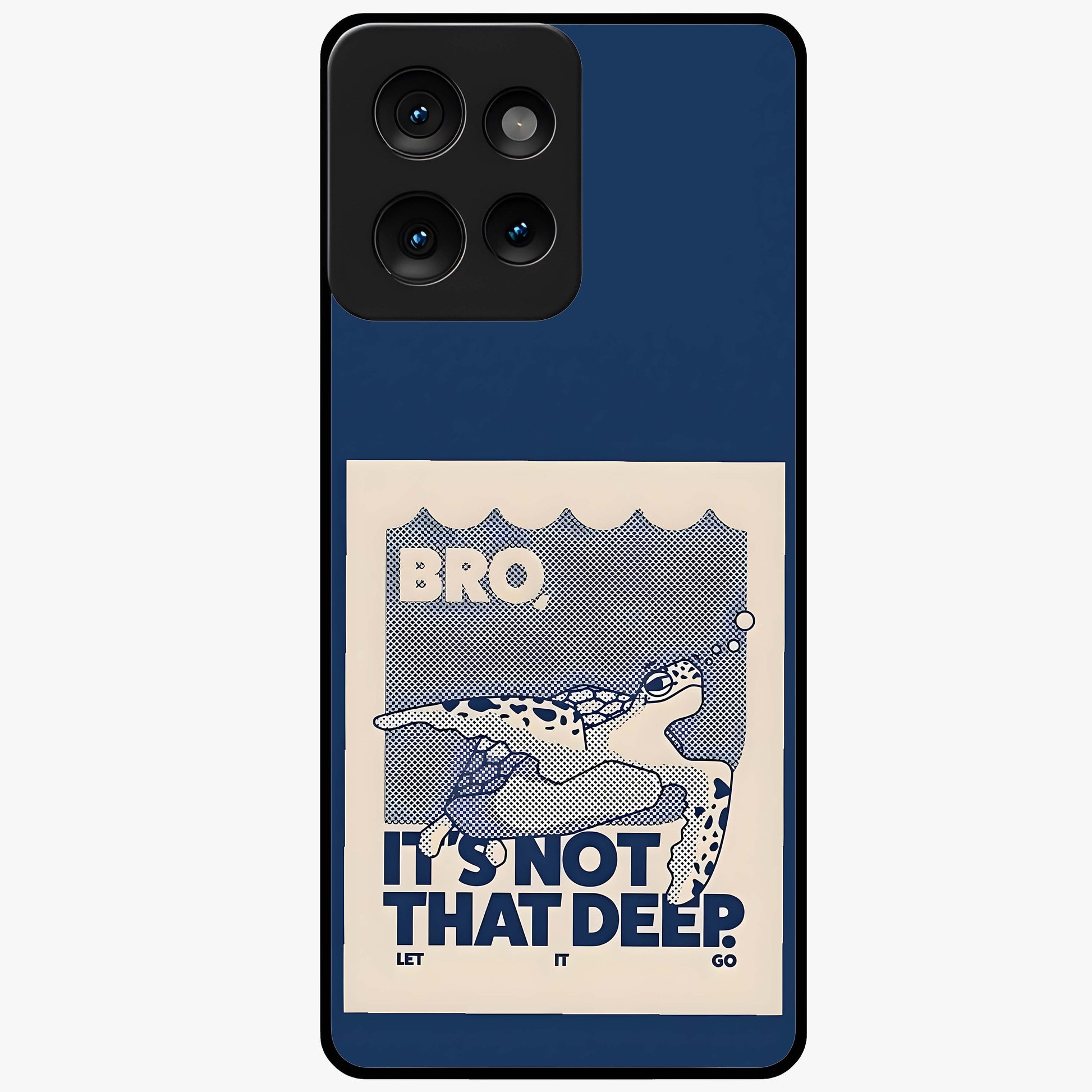 Worry Less Swim Glass Case showing flat back view with playful motivational artwork and glossy glass finish.