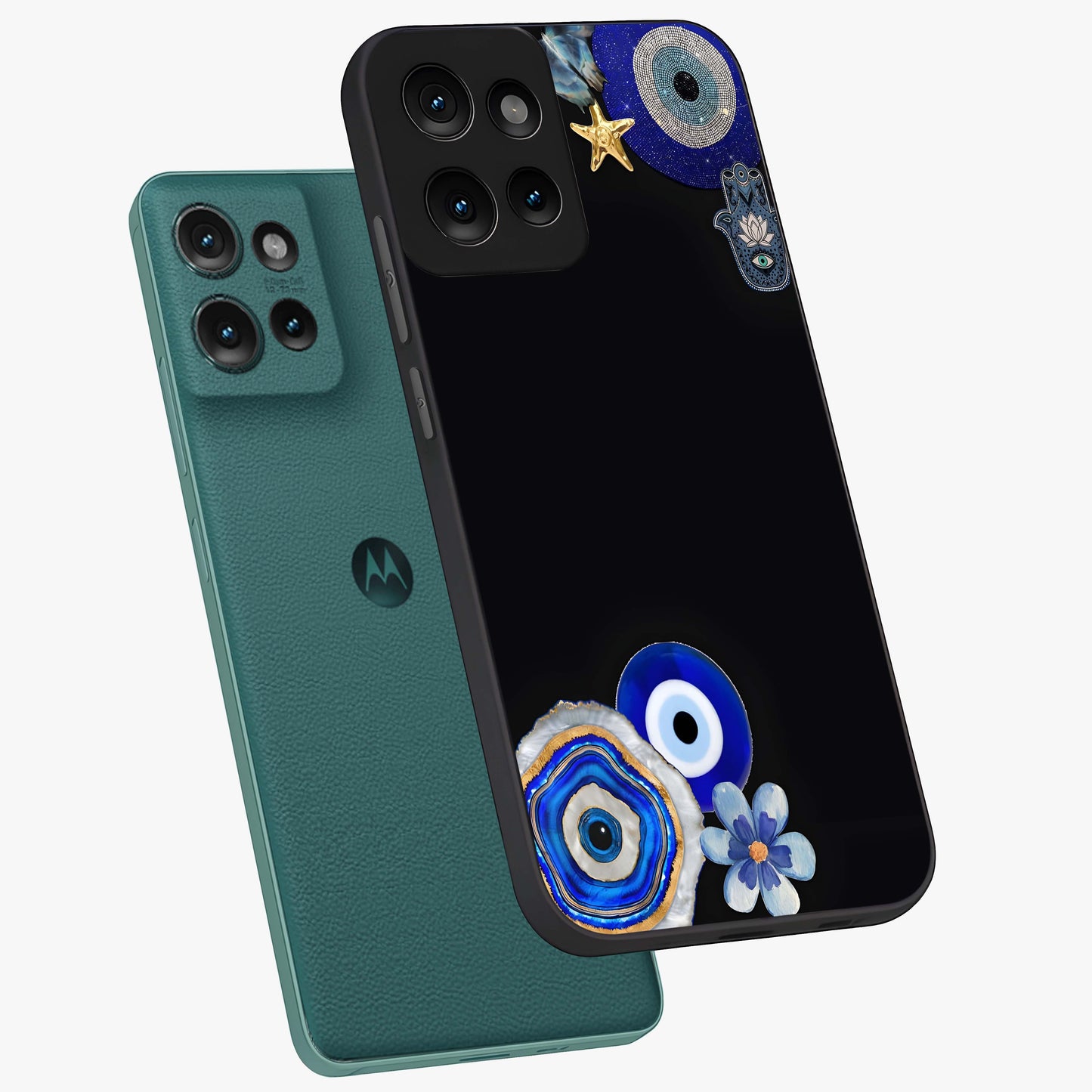 Aesthetic Blue Evil Eye Glass Case displayed in angled mockup highlighting blue evil eye symbol and spiritual aesthetic design.