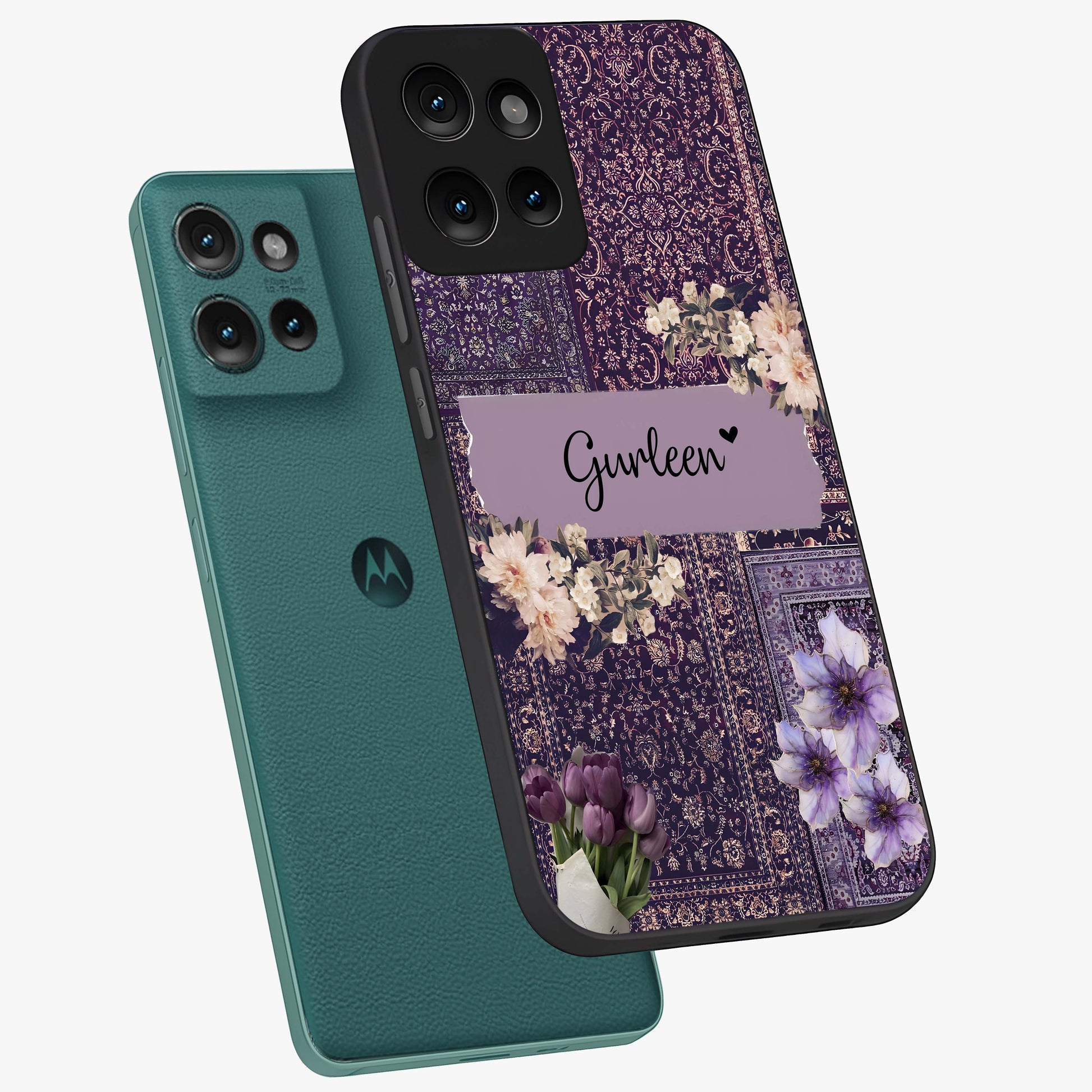 Antique Floral Whisper Custom Name Glass Case displayed in angled mockup highlighting elegant antique floral aesthetic.