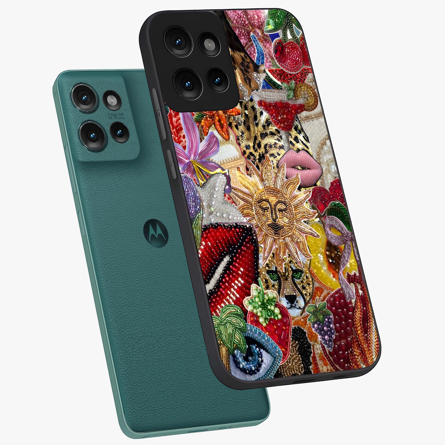 Beaded Fashion Jungle Glass Case displayed in angled mockup highlighting colorful fashion bead design and artistic pattern.