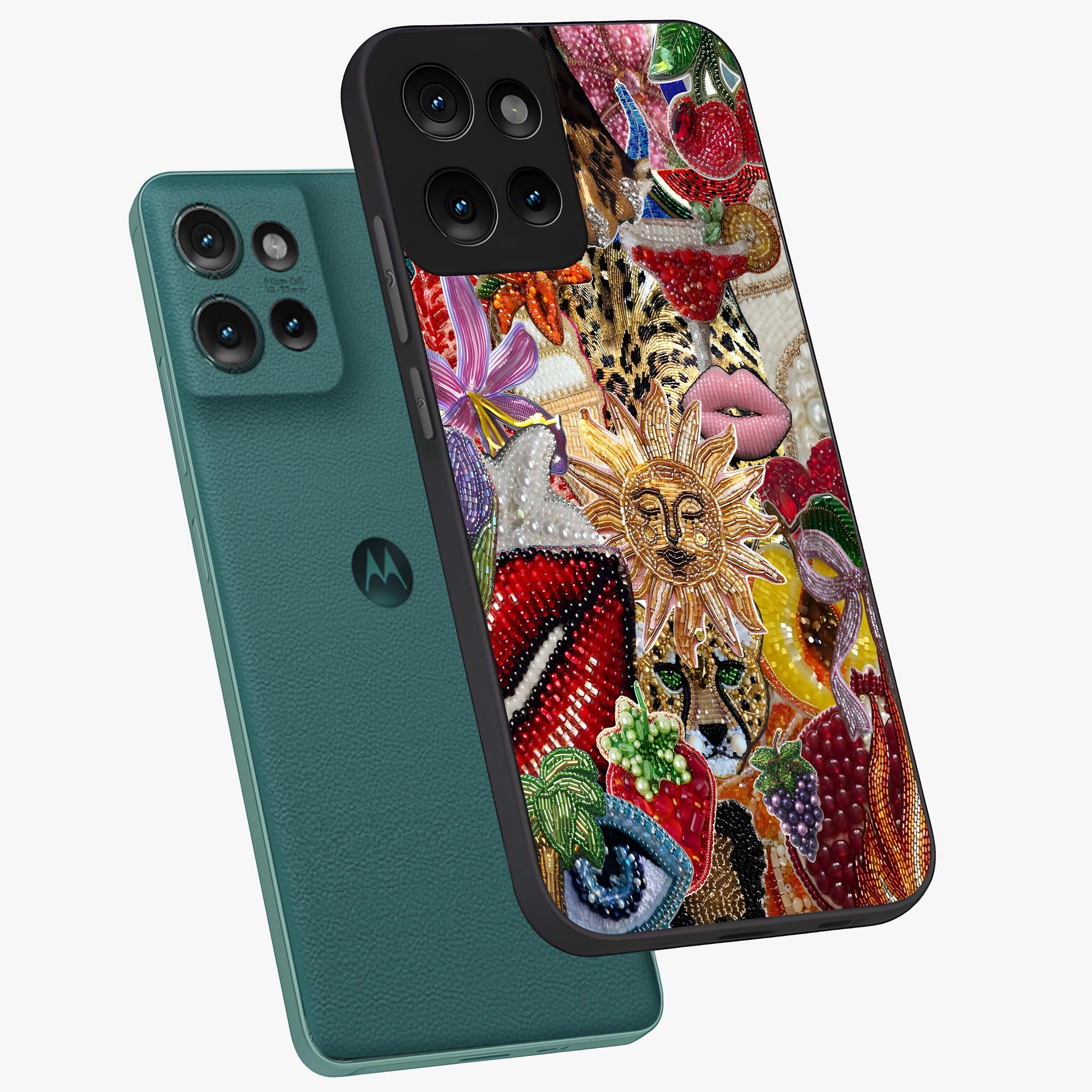 Beaded Fashion Jungle Glass Case displayed in angled mockup highlighting colorful fashion bead design and artistic pattern.