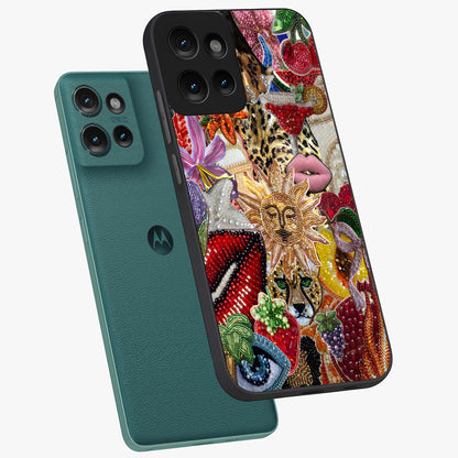 Beaded Fashion Jungle Glass Case displayed in angled mockup highlighting colorful fashion bead design and artistic pattern.