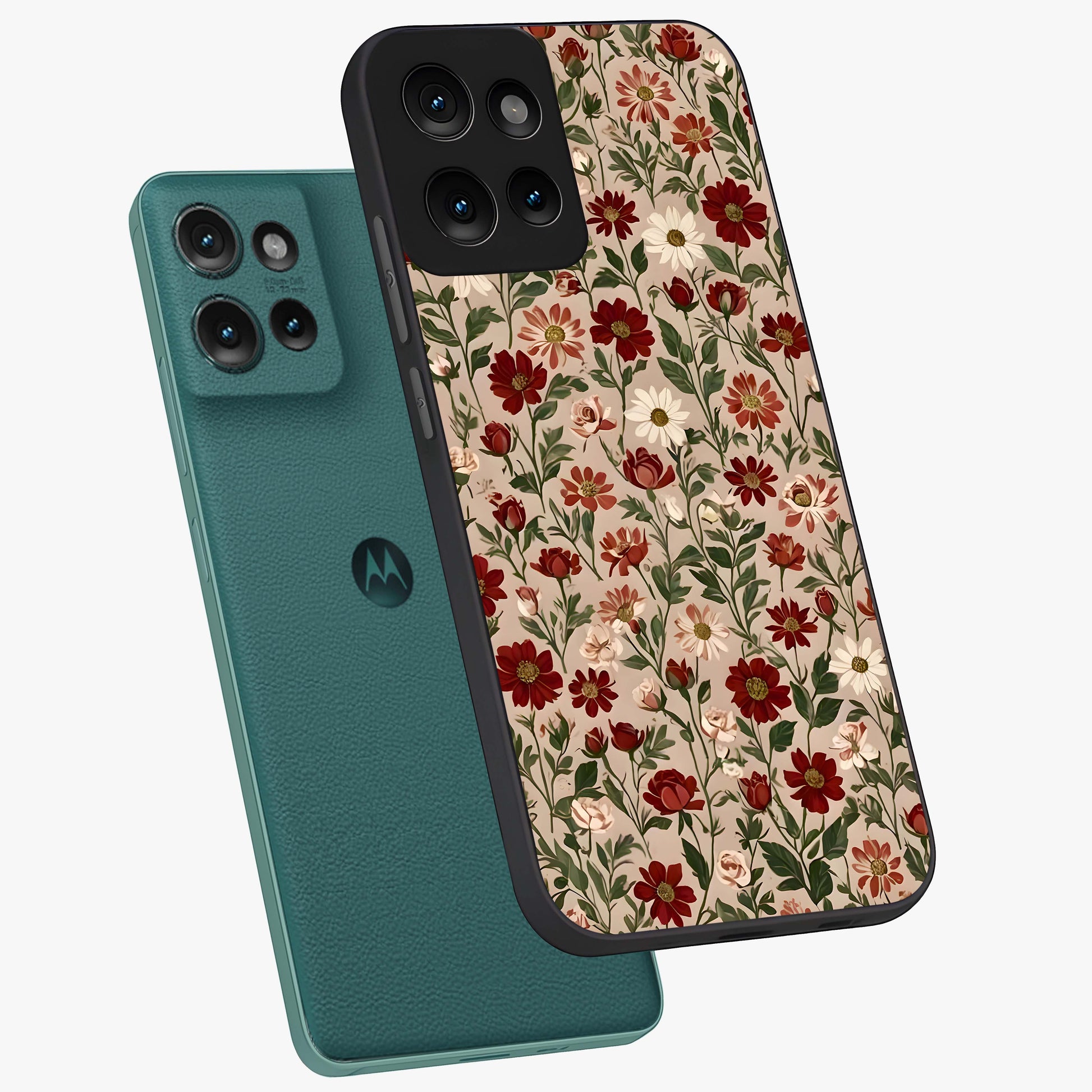 Biege Flower With Leaf Glass Case displayed in angled mockup highlighting minimal floral leaf design and elegant aesthetic.