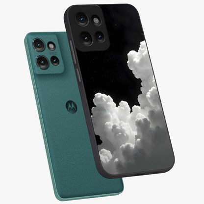 Black Background With White Cloud Glass Case displayed in angled mockup highlighting soft white cloud illustration and minimal design.