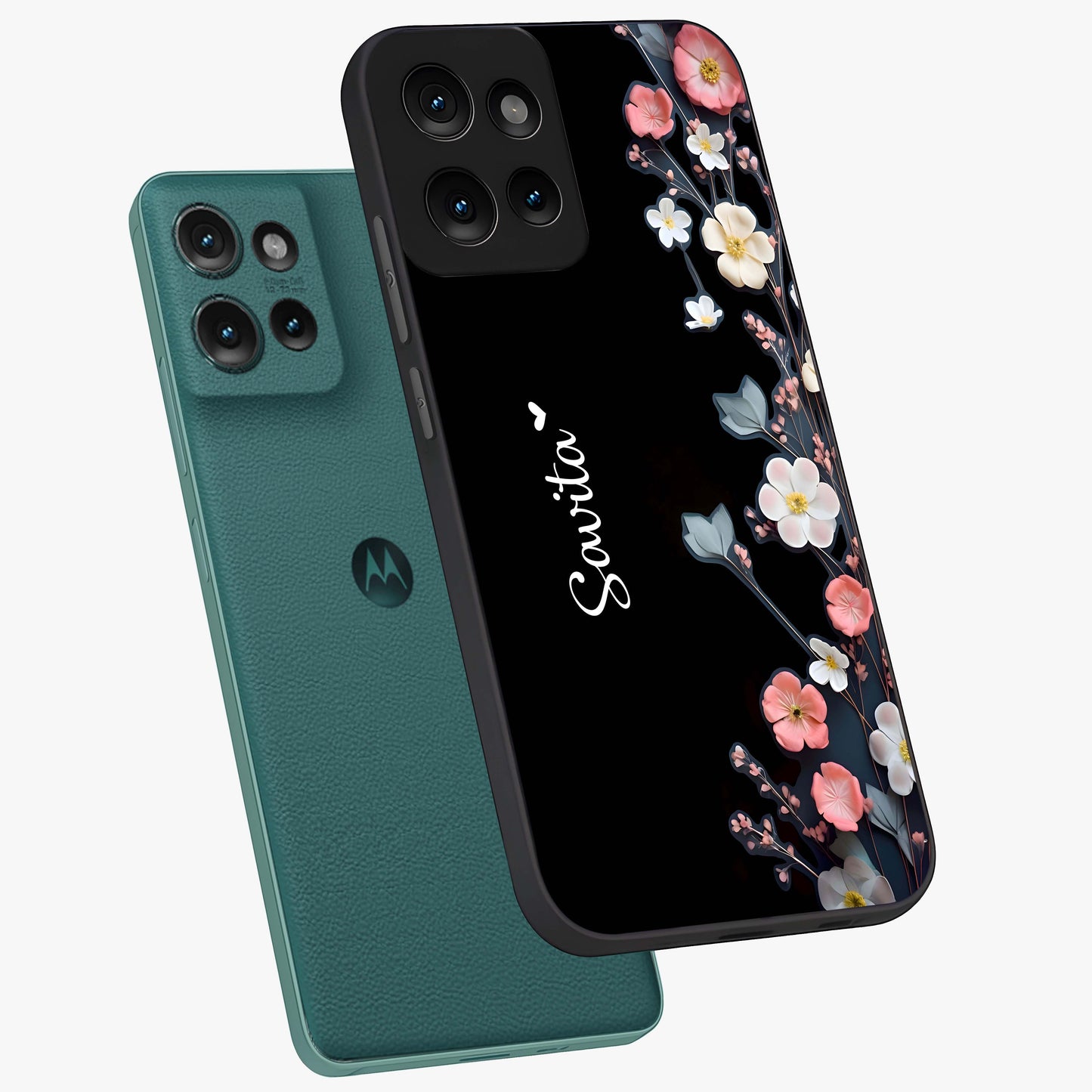 Black Elegance Floral Custom Name Glass Case displayed in angled mockup highlighting dark floral aesthetic and custom name feature.
