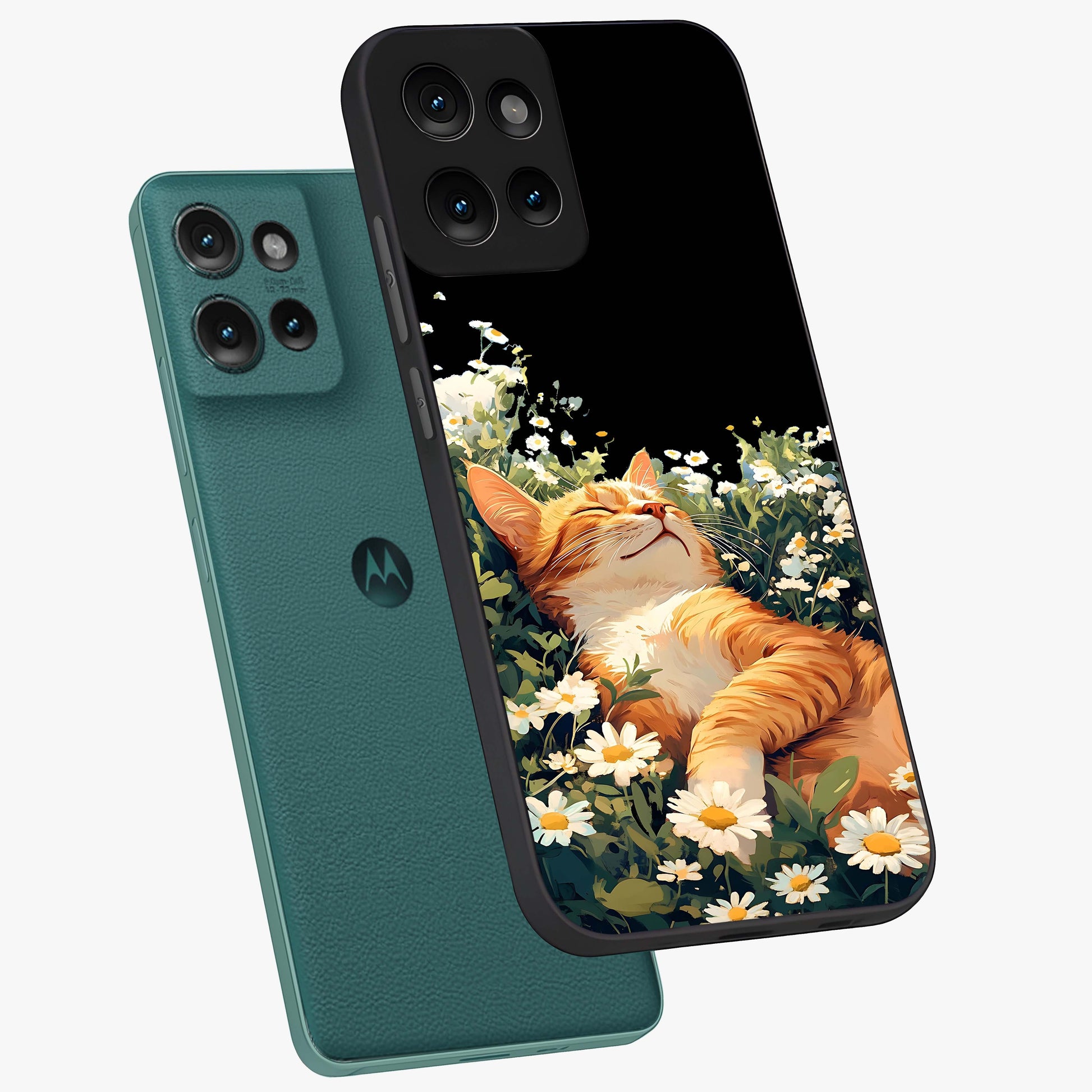 Blissful Bloom Cat Glass Case displayed in angled mockup highlighting playful feline illustration with soft floral aesthetic.