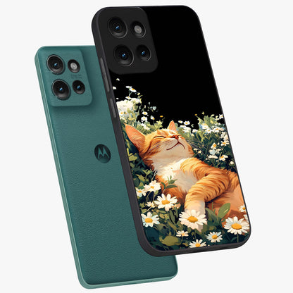 Blissful Bloom Cat Glass Case displayed in angled mockup highlighting playful feline illustration with soft floral aesthetic.