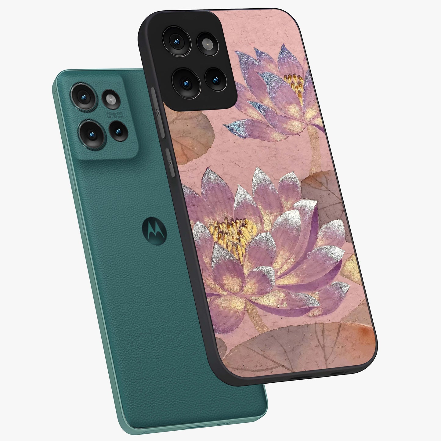 Blossom Mist Lotus Glass Case displayed in angled mockup highlighting delicate lotus illustration with calm aesthetic theme.