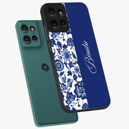Blue Vintage Floral Pattern Glass Case displayed in angled mockup highlighting subtle bloom pattern with aesthetic pastel design.