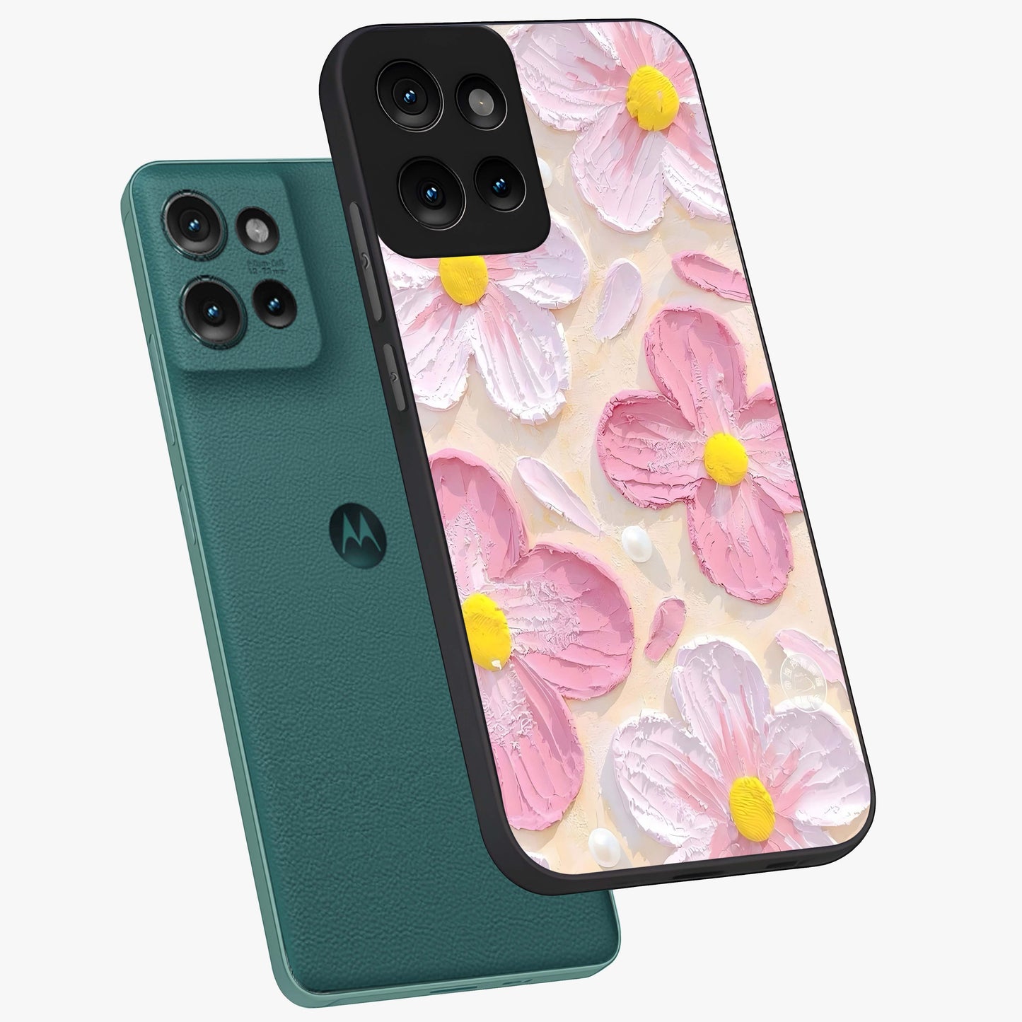 Blush Bloom Texture Glass Case displayed in angled mockup highlighting subtle bloom pattern with aesthetic pastel design.
