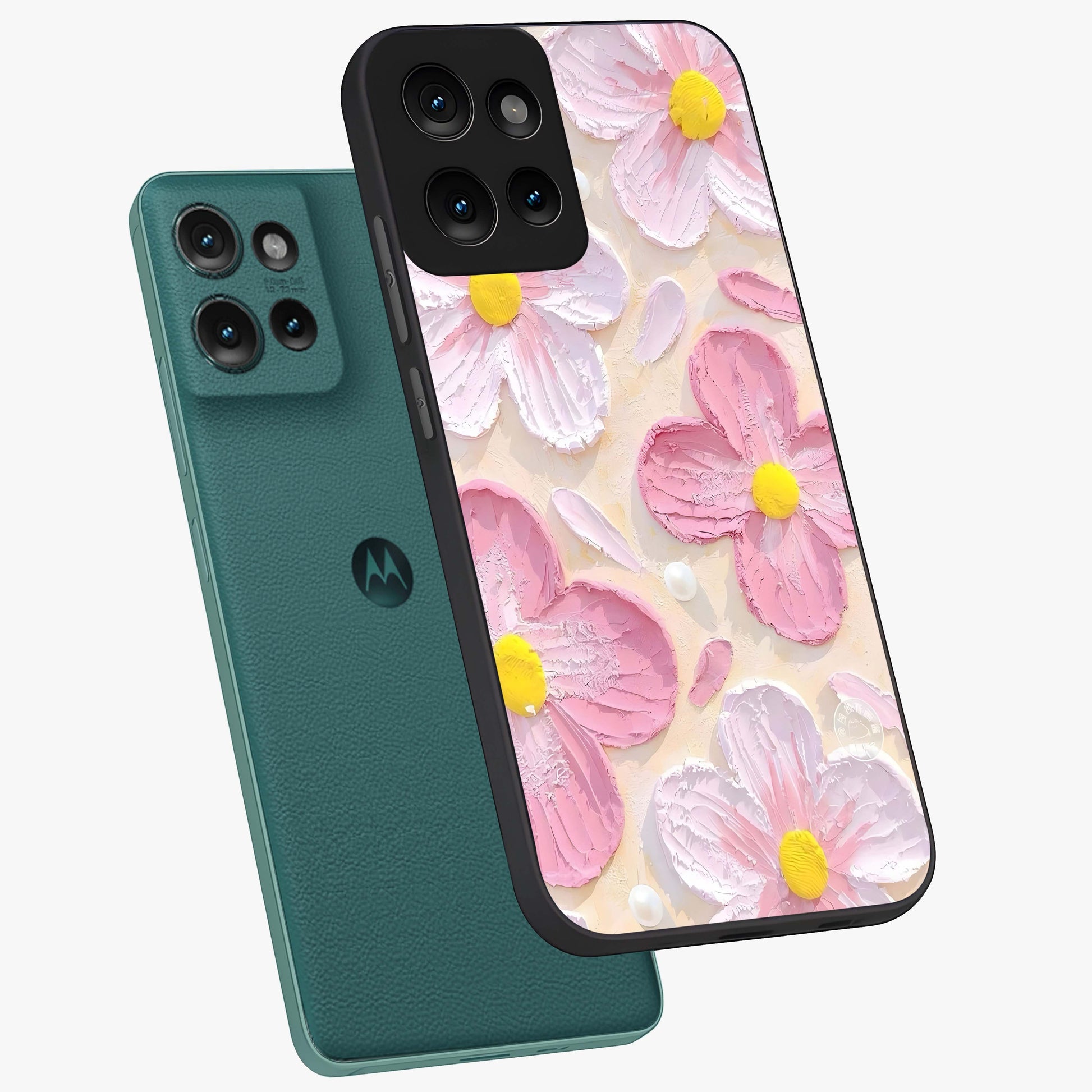 Blush Bloom Texture Glass Case displayed in angled mockup highlighting subtle bloom pattern with aesthetic pastel design.