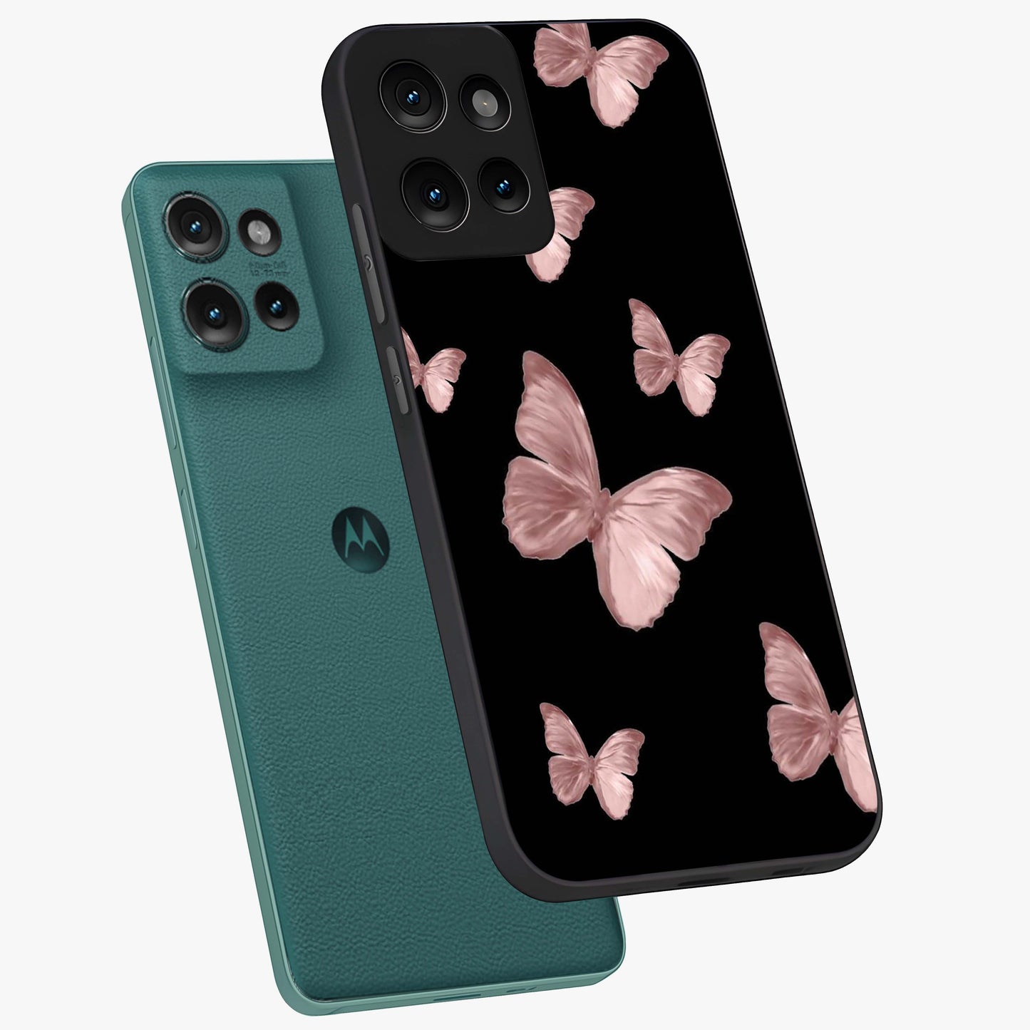 Butterfly Pattern Glass Case displayed in angled mockup highlighting delicate butterfly design and aesthetic pattern style.