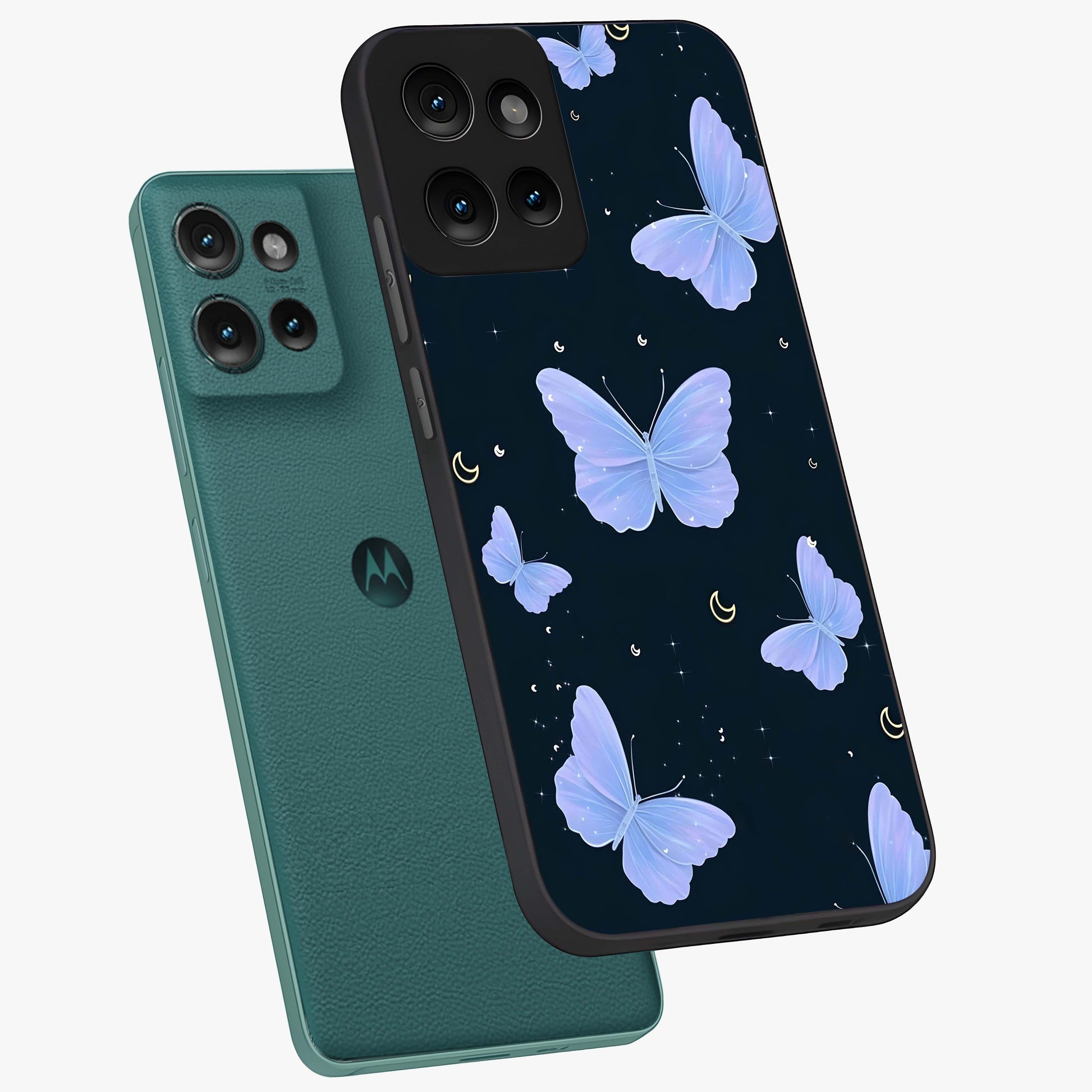 Butterfly With Stars Pattern Glass Case displayed in angled mockup highlighting dreamy butterfly and star design with aesthetic theme.