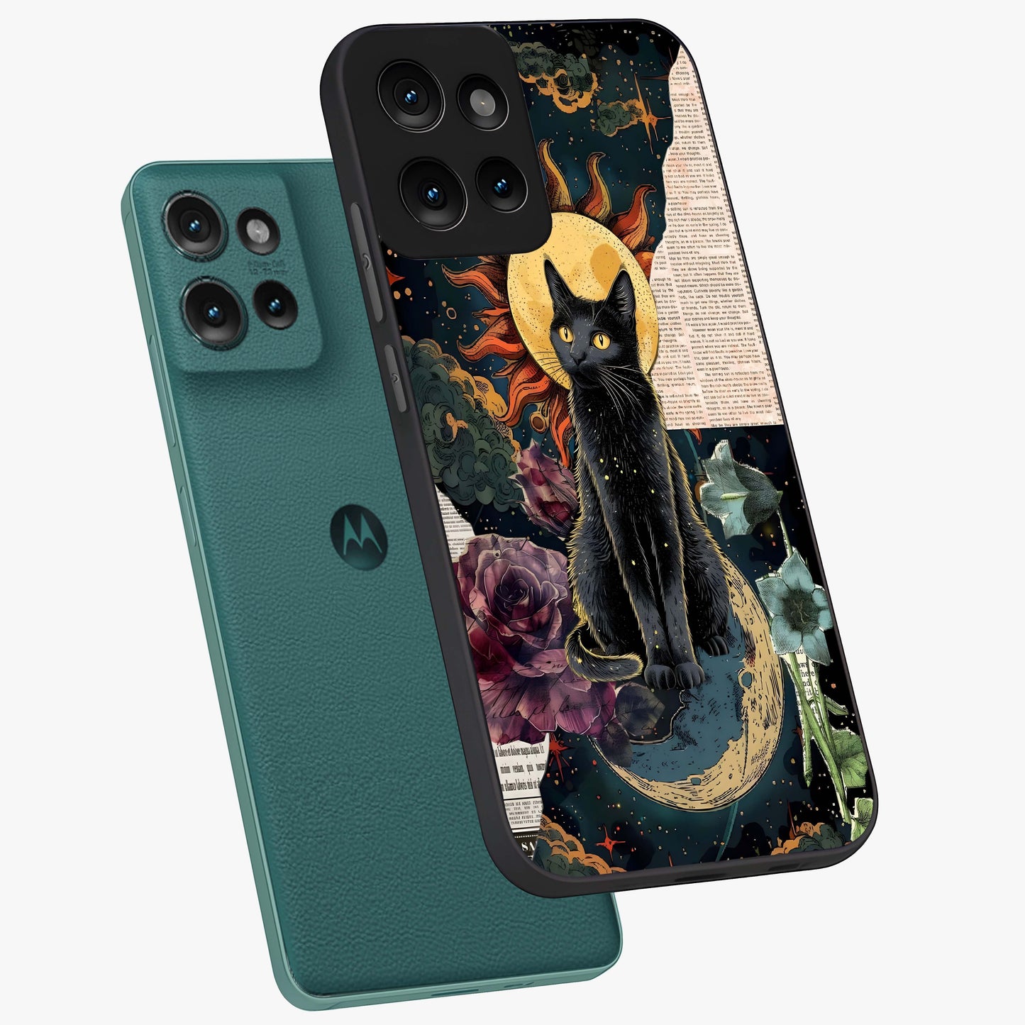 Celestial Black Cat Glass Case displayed in angled mockup highlighting cosmic black cat design with celestial aesthetic.