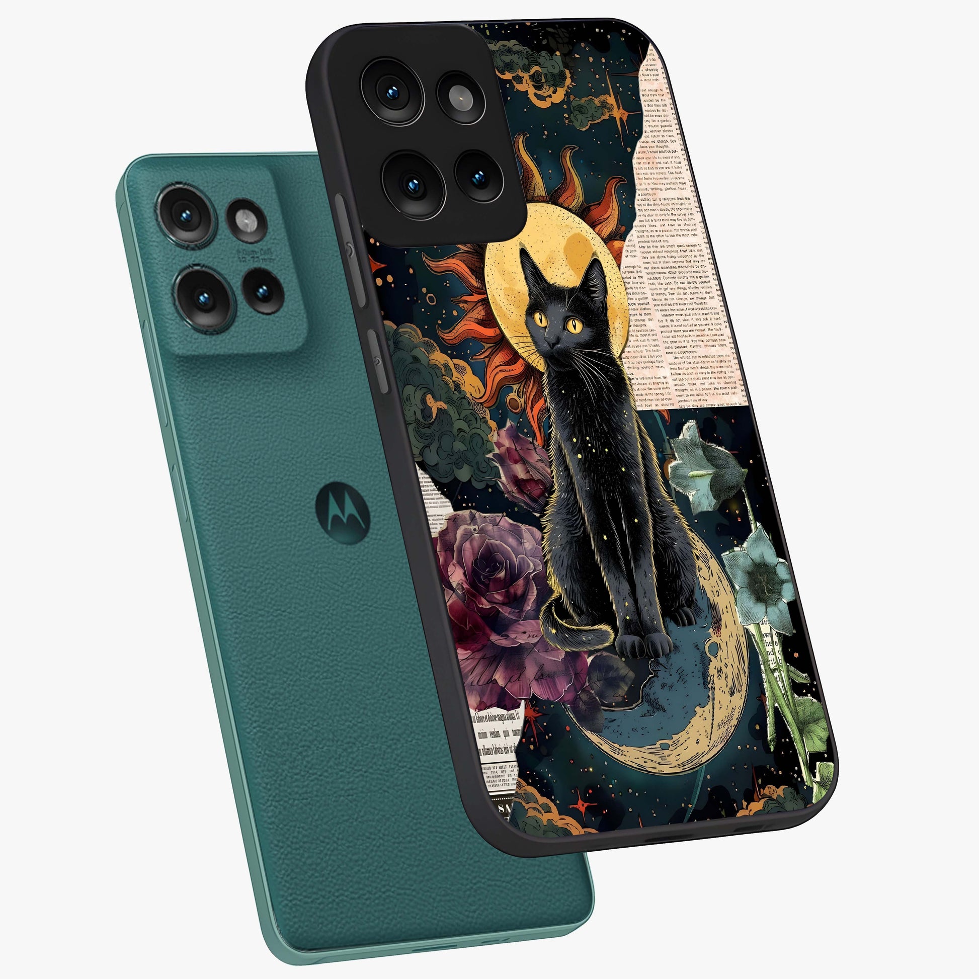 Celestial Black Cat Glass Case displayed in angled mockup highlighting cosmic black cat design with celestial aesthetic.