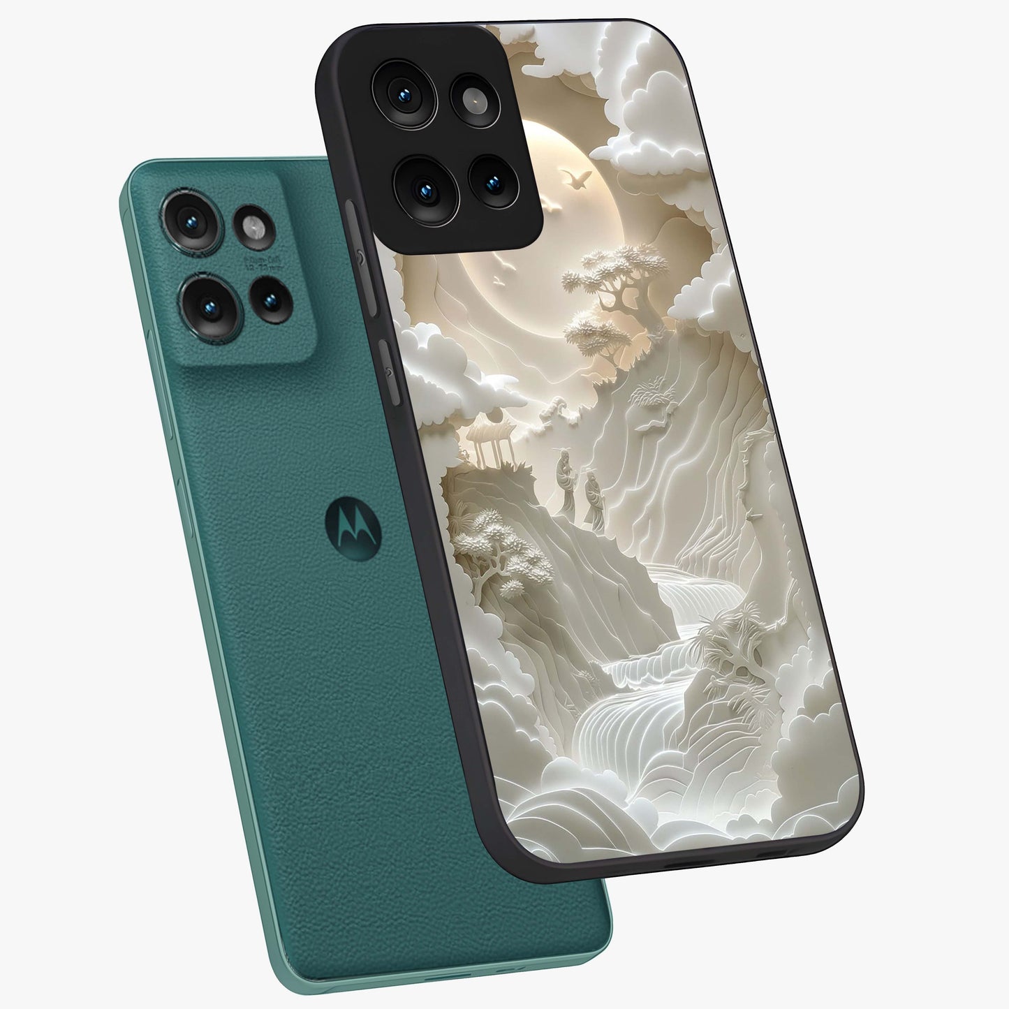 Celestial Origami Glass Case displayed in angled mockup highlighting geometric origami design with cosmic aesthetic theme.
