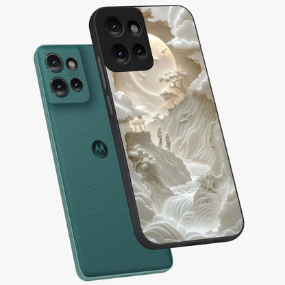 Celestial Origami Glass Case displayed in angled mockup highlighting geometric origami design with cosmic aesthetic theme.