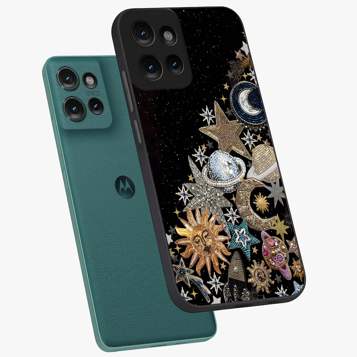 Cosmic Sparkle Dreams Glass Case displayed in angled mockup highlighting dreamy star sparkle design with celestial aesthetic.