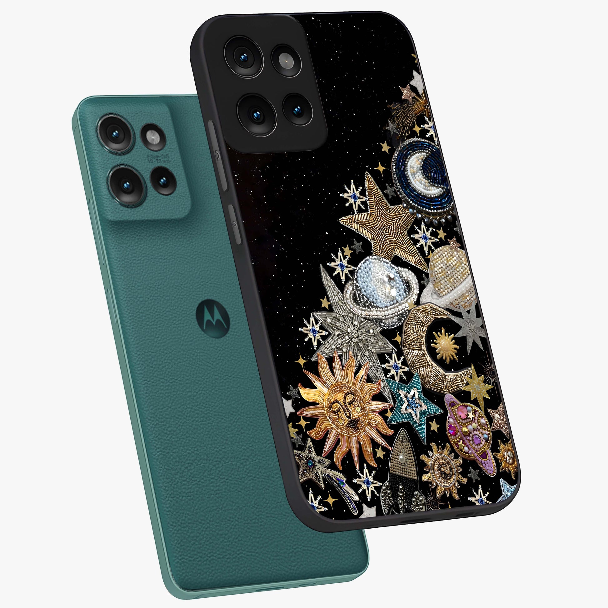 Cosmic Sparkle Dreams Glass Case displayed in angled mockup highlighting dreamy star sparkle design with celestial aesthetic.