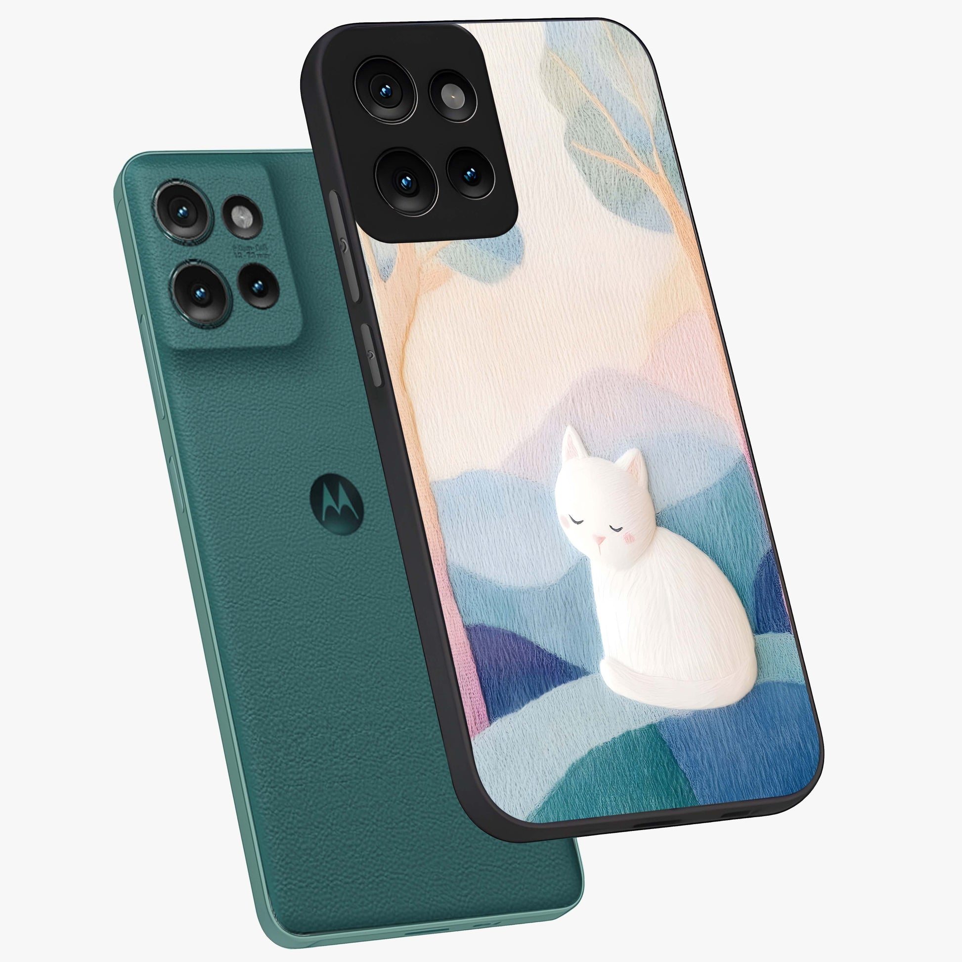 Cotton Dream Cat Glass Case displayed in angled mockup highlighting cute feline illustration with pastel aesthetic style.
