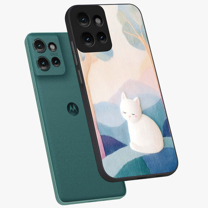 Cotton Dream Cat Glass Case displayed in angled mockup highlighting cute feline illustration with pastel aesthetic style.